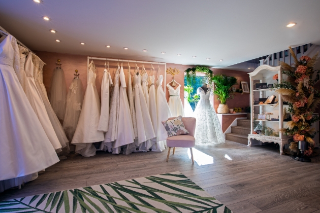 Wedding dresses hanging up inside the Ellie Sanderson Bridal Boutique