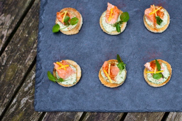 Smoked salmon canapes on a slate