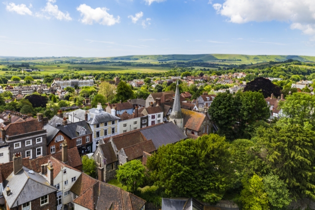 aerial shot of the town of lewes in sussex