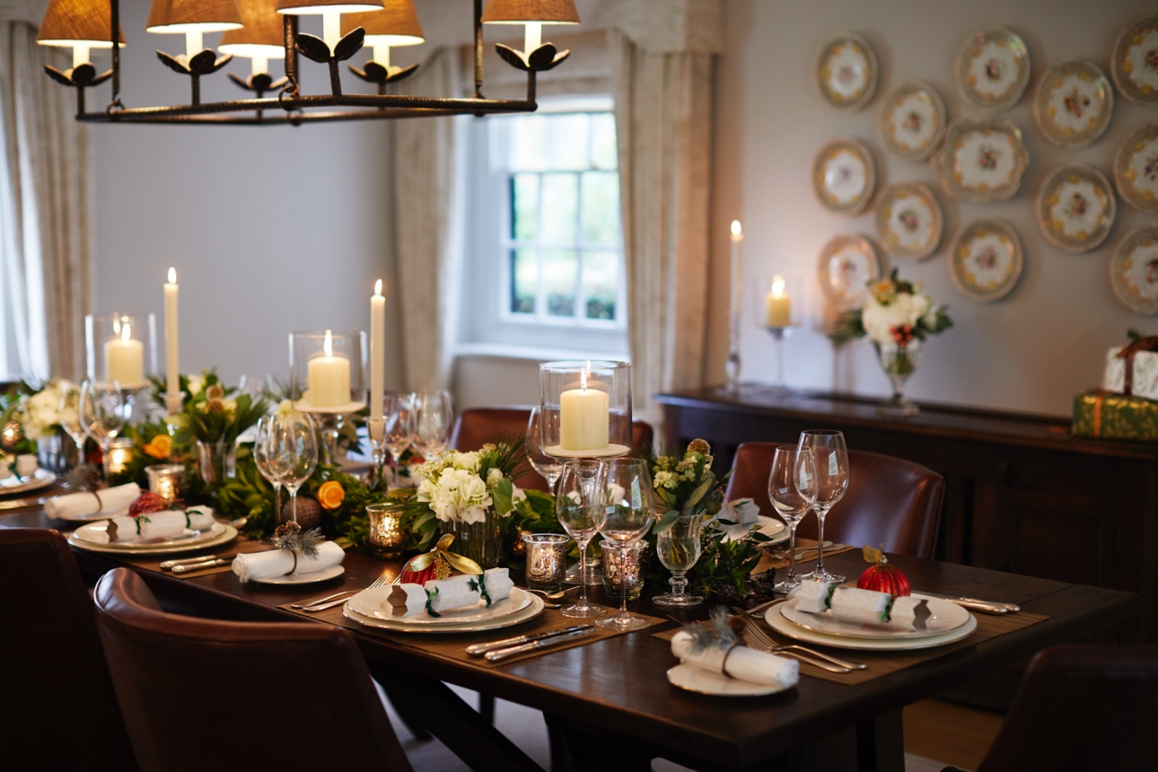 Wooden table dressed for Christmas