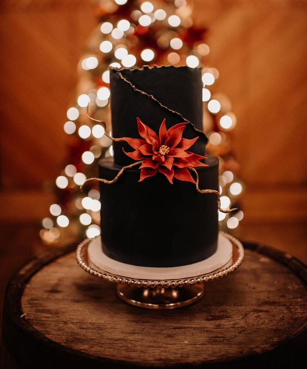 black cake with red poinsetta flower sand vines