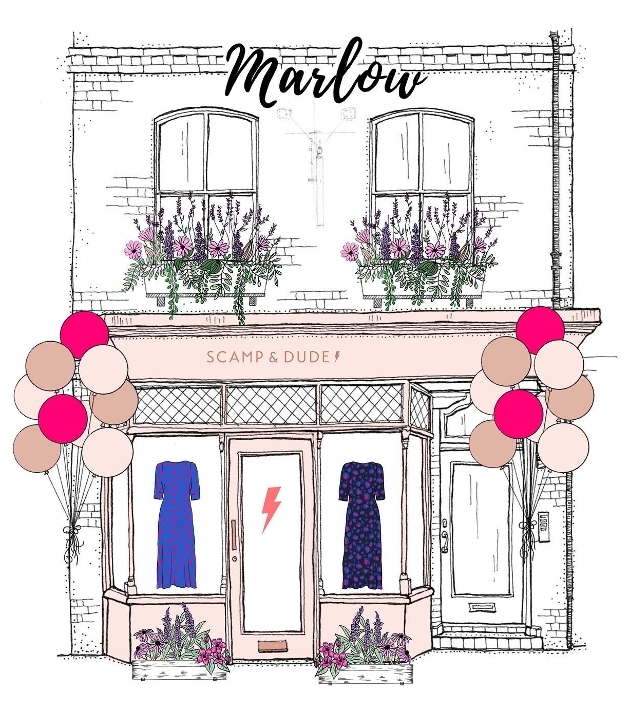 sketch of shop front with balloons and flowers