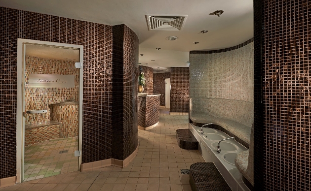 spa with fires and ice rooms and sinks
