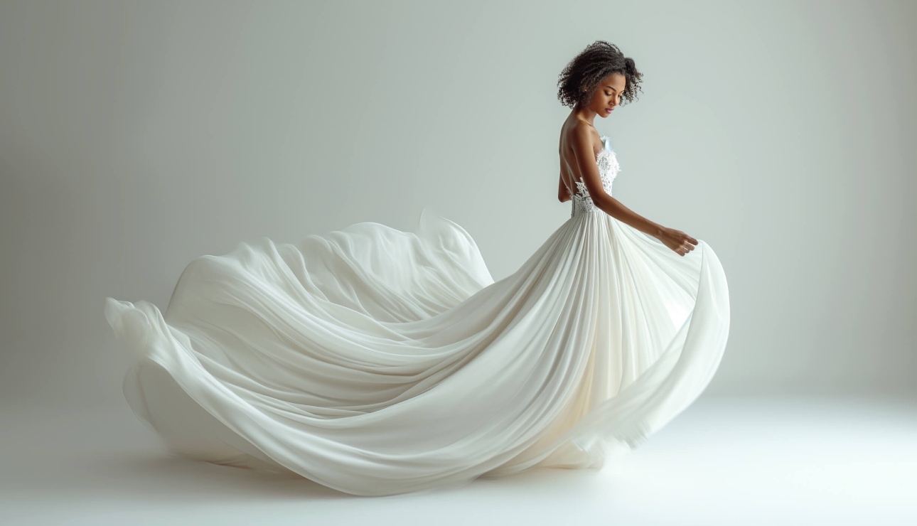 model in strapless wedding dress flowing skirt shot in momentum