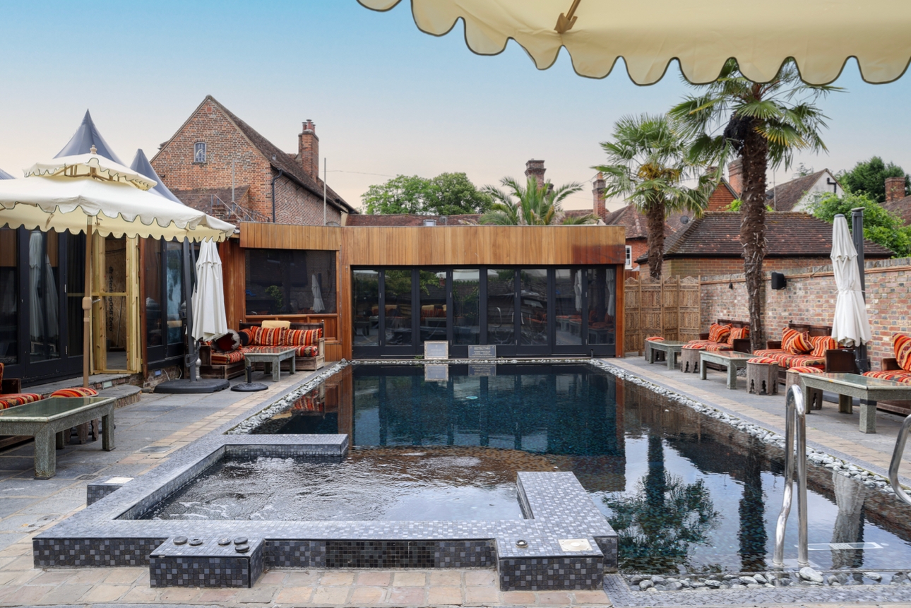 Outdoor pool at the Crazy Bear hotel in Beaconsfield