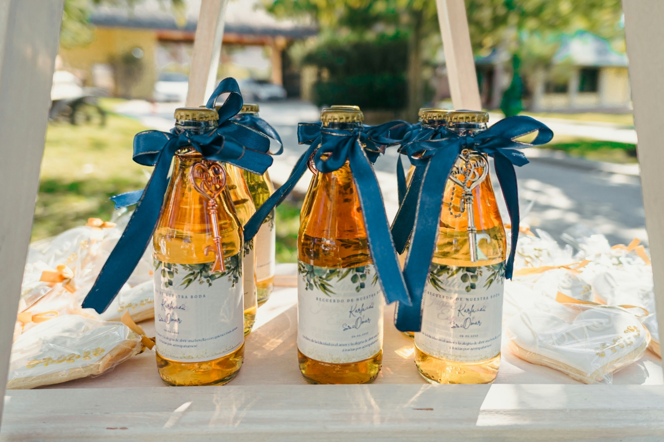 mini bottles of liquor and wedding biscuits